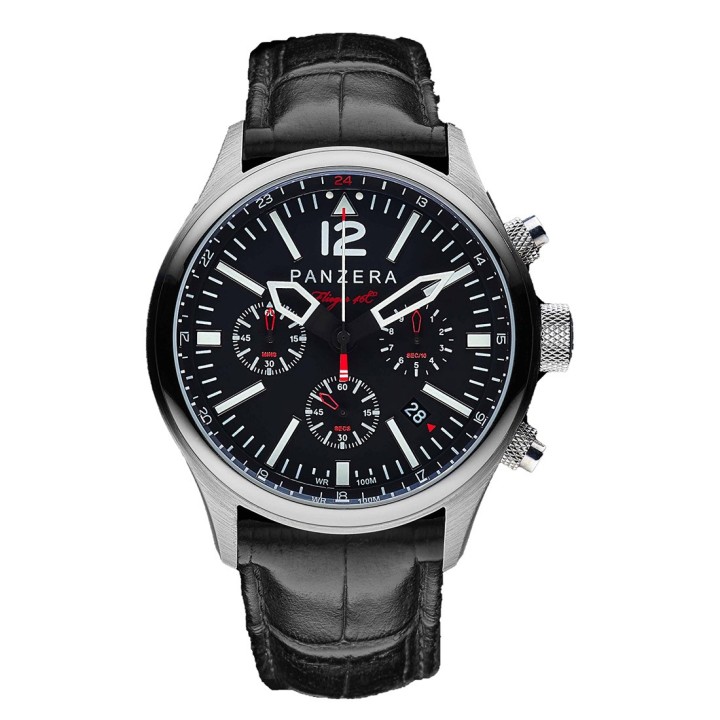 Flieger 46 Chronograph Steel Black Leather