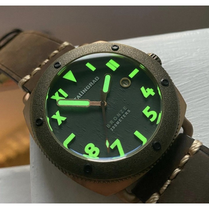 Bronze Defender 200M Green Dial Brown Leather Strap