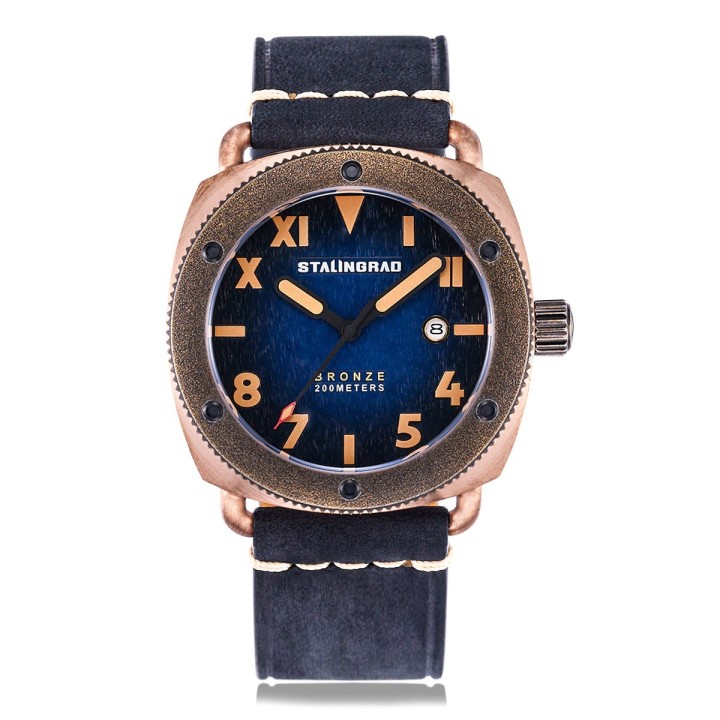 Bronze Defender 200M Deep Blue Dial Black Leather Strap