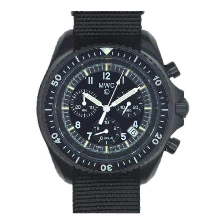 MWC PatternBlack PVD Steel Military Pilots Chronograph GTLS/Tritium