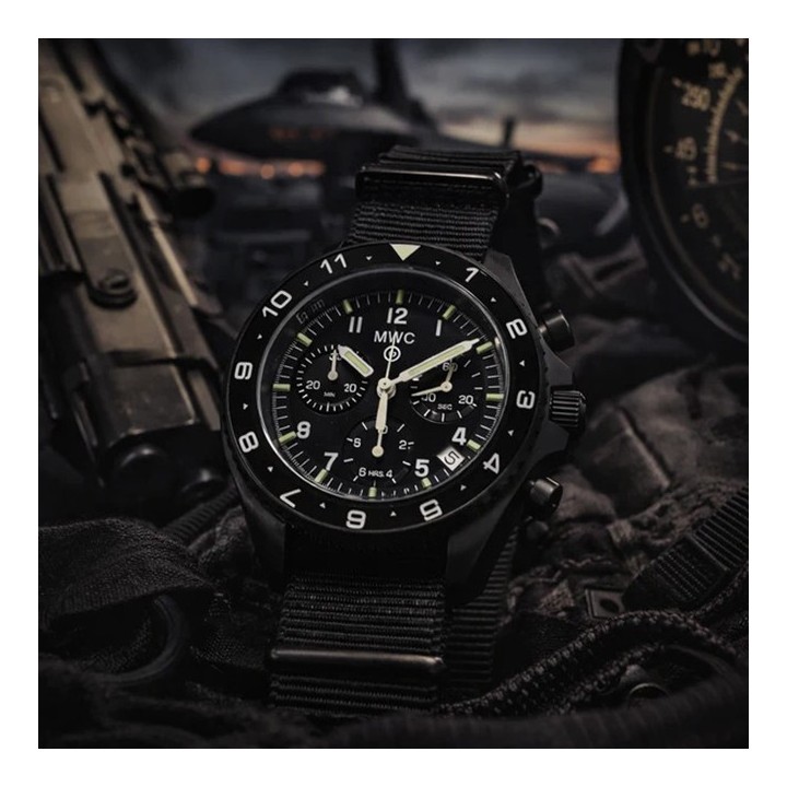 MWC Black PVD Steel Military Pilots Chronograph GTLS/Tritium