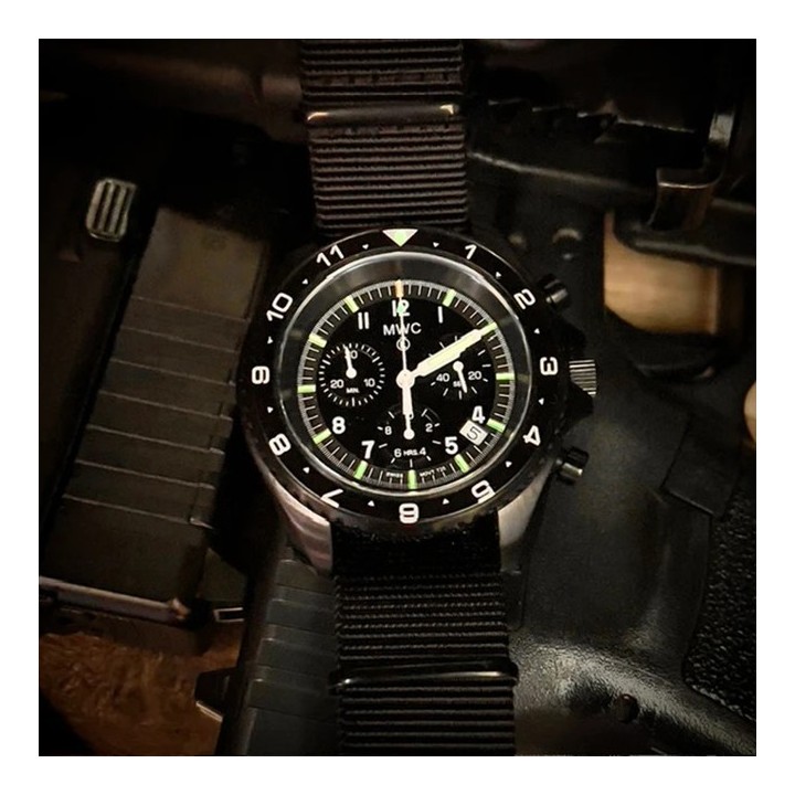MWC Black PVD Steel Military Pilots Chronograph GTLS/Tritium