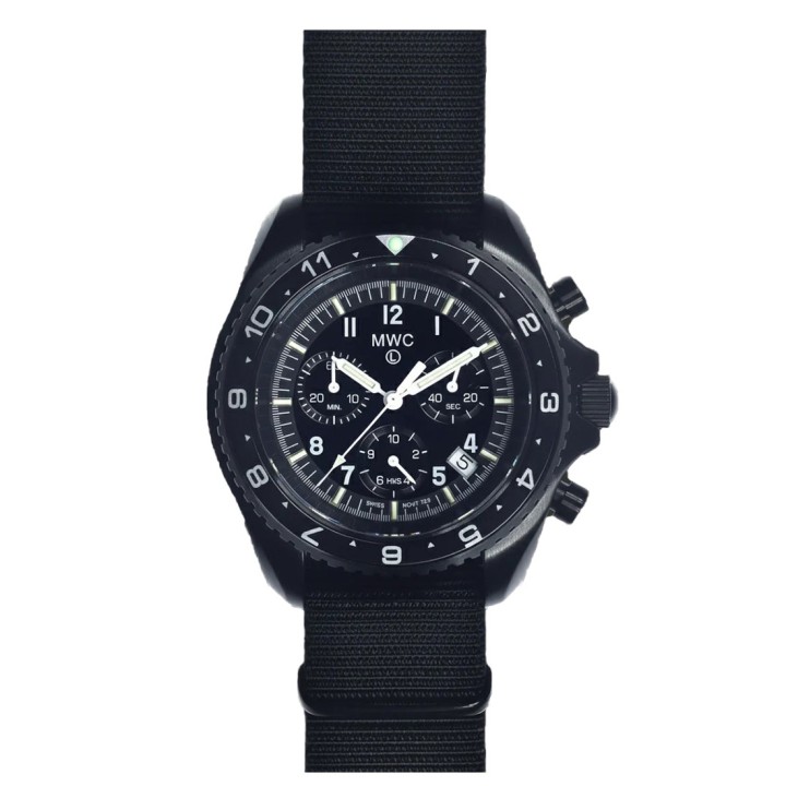 MWC Black PVD Steel Military Pilots Chronograph GTLS/Tritium