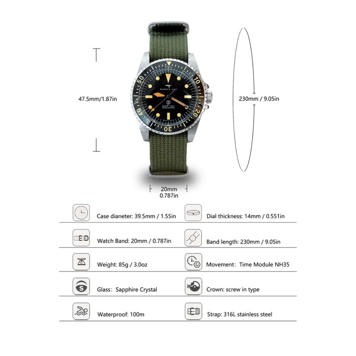 DG-T007S "Royal Marine" – 39.5mm Mil-Spec Diver – Sapphire & NH35